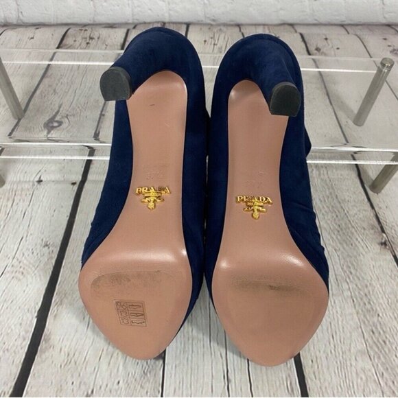 Prada Women's Blue Suede Ruched Designer Luxury Ankle Boots EU 37.5 - Picture 10 of 13